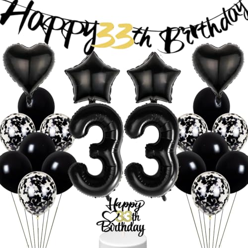 Conruich hei Geburtstagsdeko 33 Jahre Mann, Schwarz Weiß Luftballon 33. Geburtstag Frau, Tortendeko Geburtstag 33 Jahre Männer, Happy 33th Birthday Banner Deko 33 Geburtstag Party Deko Männer Frauen von Conruich