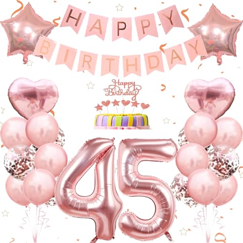 Conruich Deko 45. Geburtstag Frau, Geburtstagsdeko 45 Jahre Frau, Ballon 45 Geburtstag Dekoration Frauen, Rosegold Tortendeko Geburtstag 45 Jahre Frau, Happy Birthday Banner Deko 45. Geburtstag Frauen von Conruich