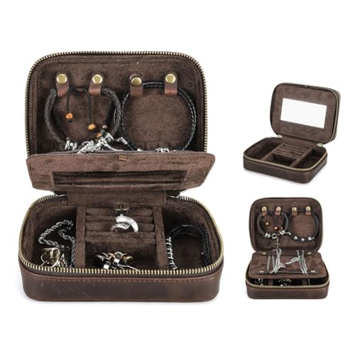 Contacts Leder-Schmuckschatulle für Herren, Reise-Schmuck-Organizer, Reißverschluss, Schmuck, Manschettenknöpfe, Ring, Halskette, Armband, Aufbewahrungsbox mit Spiegel, rechteckig + Spiegel, von Contacts