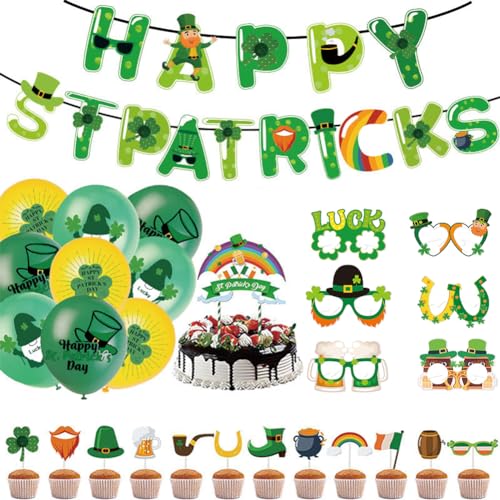 35-teiliges Partydekorationsset für St. Patrick's Day, Glückskleeblatt-Party-Ballon-Set, Happy St. Patrick's Banner, Kuchendekoration, irische Partyballons, Papierbrillen, irische Themenparty-Zubehör von CooVs