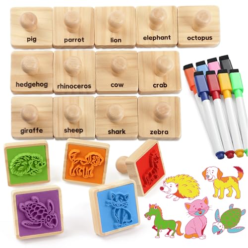 Coogam Holz Stempel Druck Spielzeug Set, 20pcs Tier Farbe Form Stempeln mit Markierungen, DIY Hund/Katze/Zebra/Elefant Scrapbook Kunst Handwerk Supplies Party Gunst Spielzeug Geschenk für 3 4 5 Jahre von Coogam