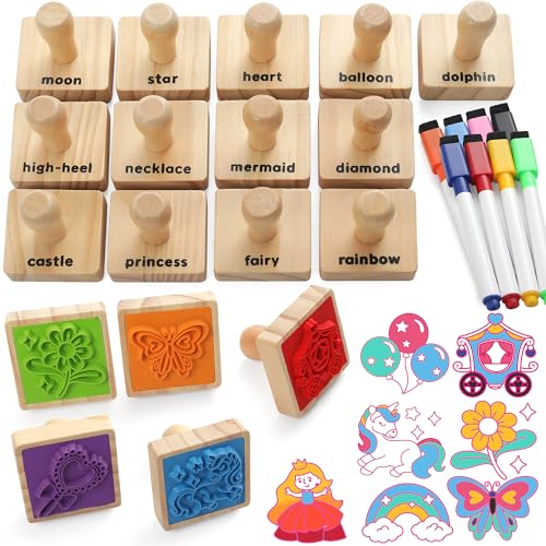 Coogam Holzstempel für Mädchen Freundschaft, 20pcs Farbform Einhorn Schmetterling Meerjungfrau Stempel Set mit Markern, DIY Kunsthandwerk Druck Stempel Partei Gunst Spielzeug Geschenk für 3 4 5 Jahre von Coogam