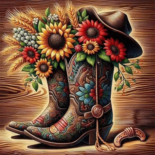 5D Diamond Painting Cowboystiefel mit Blumenmuster,DIY Cowboy Diamant Painting Bilder für Erwachsene Anfänger,Voll Round Stickerei Diamant Kunst Malerei Set für Home Wand Décor 30x30cm von Cooiiye