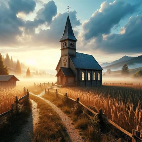 5D Diamond Painting Erwachsene Bauernkirche Diamant Painting Bilder DIY Full Square Diamant Art Painting Kits,Landschaft Sonnenuntergang Diamant Malerei Stickerei Kreuzstich Home Wand Dekor 40x40cm von Cooiiye