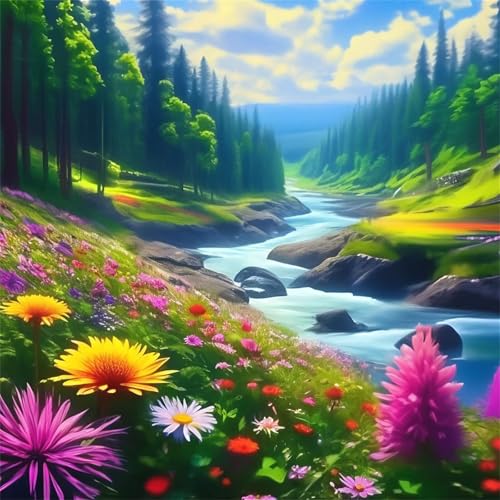 Cooiiye 5D Diamond Painting Flussblumen,DIY Waldlandschaft Diamant Painting Bilder für Erwachsene Anfänger,Voll Round Stickerei Diamant Kunst Malerei Set für Home Wand Décor 30x30cm von Cooiiye