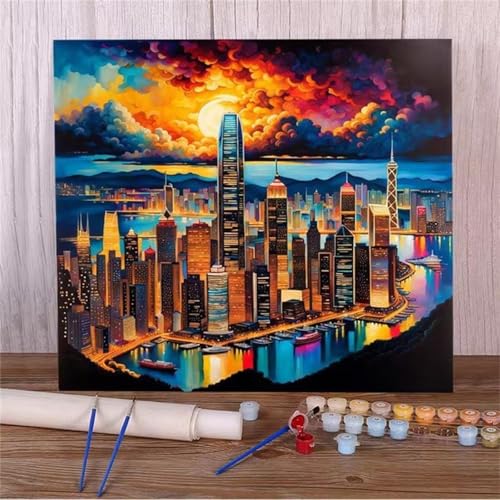 Cooiiye Bunte Stadt Malen Nach Zahlen Erwachsene,45x60cm mit Gerahmten Acryl Leinwand Malen nach Zahlen Set, mit 3 Pinseln DIY Handgemalt Ölgemälde Kunst für Home Wand Décor von Cooiiye