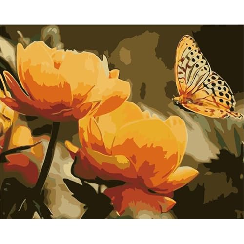 Cooiiye Malen Nach Zahlen Erwachsene Gelber Blumenschmetterling Malen Nach Zahlen Kits,mit Pinseln und Acrylfarben DIY Leinwand Ölgemälde Kunst für Heimdekoration (Rahmenlos 55x70cm) von Cooiiye