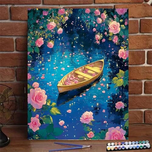 Cooiiye Malen Nach Zahlen Erwachsene Seeblumenboot Malen Nach Zahlen Kits,mit Pinseln und Acrylfarben DIY Leinwand Ölgemälde Kunst für Heimdekoration (Rahmenlos 30x40cm) von Cooiiye