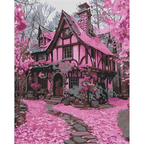 Cooiiye Malen nach Zahlen Erwachsene DIY Rosa Villa Landschaft Handgemalt Ölgemälde Kit für Anfänger mit Pinseln und Acrylfarben Paint by Numbers für Home Décor Geschenk,Ohne Rahmen 30x40cm von Cooiiye