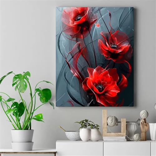 Cooiiye Malen nach Zahlen Erwachsene DIY Rote Blumen Handgemalt Ölgemälde Kit für Anfänger mit Pinseln und Acrylfarben Paint by Numbers für Home Décor Geschenk,Ohne Rahmen 30x40cm von Cooiiye