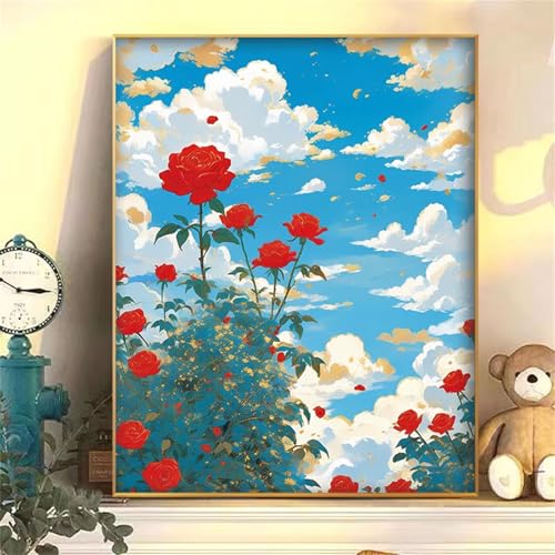 Cooiiye Malen nach Zahlen Erwachsene DIY Rote Rosenwolken Handgemalt Ölgemälde Kit für Anfänger mit Pinseln und Acrylfarben Paint by Numbers für Home Décor Geschenk,rahmenlos 30x40cm von Cooiiye