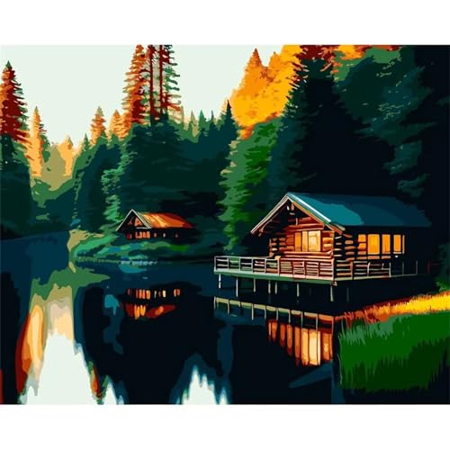 Cooiiye Malen nach Zahlen Erwachsene DIY Woodland Lake House Handgemalt Ölgemälde Kit für Anfänger mit Pinseln und Acrylfarben Paint by Numbers für Home Décor Geschenk,Ohne Rahmen 30x40cm von Cooiiye