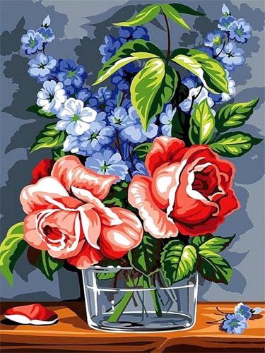 Cooiiye Rote blaue Blumen Malen Nach Zahlen Erwachsene Acrylfarbe auf Leinwand Malen Nach Zahlen,DIY Rahmen Handgemalt Ölgemälde Set mit Pinseln Paint by Numbers Kunsthandwerk Home Decor 40x50cm von Cooiiye