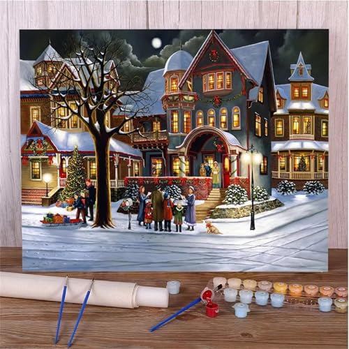 Cooiiye Winterstraße Malen Nach Zahlen Erwachsene Acrylfarbe auf Leinwand Malen Nach Zahlen,DIY Rahmen Handgemalt Ölgemälde Set mit Pinseln Paint by Numbers Kunsthandwerk Home Decor 30x40cm von Cooiiye