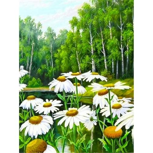 Diamond Painting Wald weißes Gänseblümchen,DIY 5D Diamond Painting Set Erwachsene Vollbohrer Strass Kristall Kreuzstich Stickerei Diamant Painting Bilder für Wohnzimmer Wanddeko Round Drill,100x150cm von Cooiiye