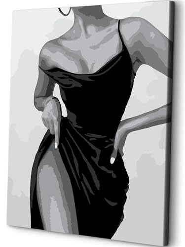 Sexy Frau im schwarzen Kleid Malen Nach Zahlen Erwachsene DIY Rahmenlos Handgemalt Ölgemälde Leinwand Kits mit Pinsels und Acrylfarbe Pigment Paint by Numbers für Home Wand Decor Geschenk 30x40cm von Cooiiye