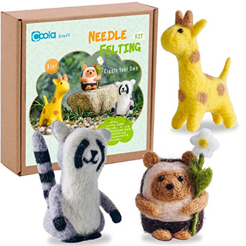 Nadelfilz-Anfänger-Set – Wolle zum Filzen süßer Tiere, Anleitung, Kunst und Kisten, einfaches lustiges Familienprojekt inklusive 3-in-1 Giraffe Waschbär Igel Nadelfilz Starter von Coola