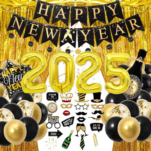 Silvester Deko 2025, Neujahr Deko 2025, Happy New Year Banner, Schwarz Gold Konfetti Ballons 2025 Folienballon, Gold Lametta Vorhang,Fotorequisiten Silvesterparty (A-2) von Coolon