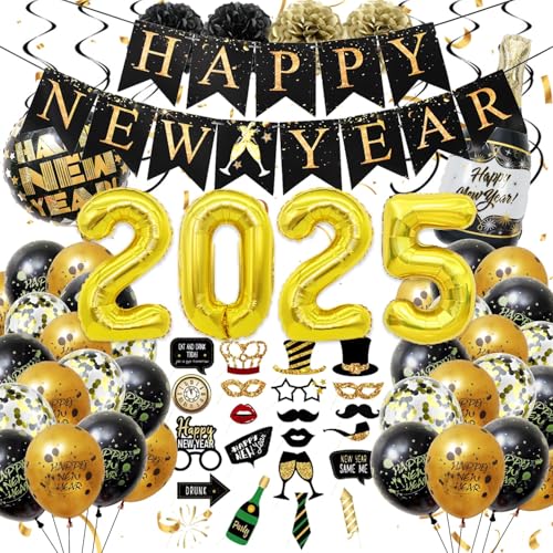 Silvester Deko 2025, Neujahr Deko 2025, Happy New Year Banner, Schwarz Gold Konfetti Ballons 2025 Folienballon,Papierpompons,Gold Lametta Vorhang,Fotorequisiten Silvesterparty (A-3) von Coolon