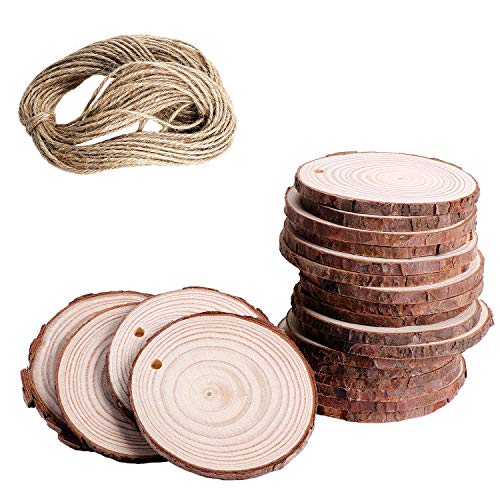 Coolty 50 Stück Holzscheiben, 6-7cm Holz Log Scheiben mit Nnatürliche Jute Seil für DIY Handwerk Hochzeit Mittelstücke Weihnachten Dekoration Baumscheibe von Coolty