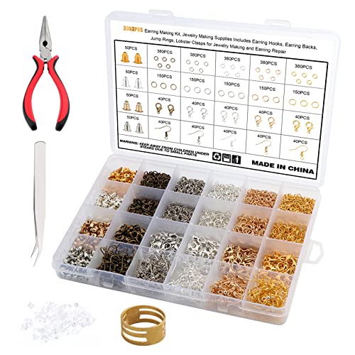 Coolty Ohrring Haken Set 3353 Stück Ohrring Herstellungs Kit mit Ohrringhaken Ohrringverschlüssen Binderingen Karabinerverschlüssen für die Herstellung und Reparatur von Ohrringen Schmuck DIY von Coolty