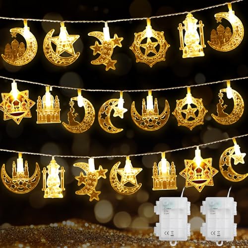 Coomoors 2 Pcs Ramadan Lichterkette Batteriebetrieben Timer 6,4 M 40 LED EID Mubarak Dekoration Lichter, Ramadan Laterne Stern Mond für Zuhause Mantel Haus Fenster Baum PartyDecor(Warmweiß) von Coomoors