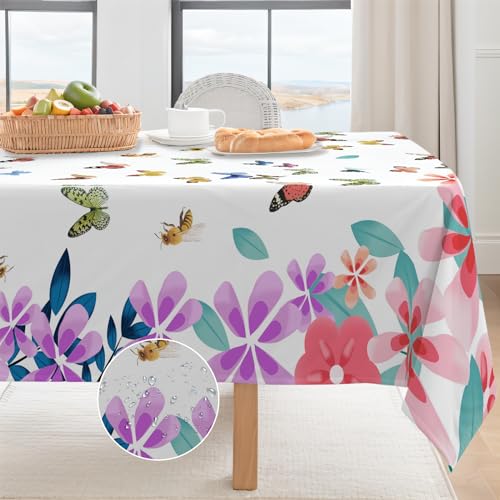 Coonoor Tischdecke Abwaschbar - Schmetterlinge Blumen Polyester Tischdecken Rechteckig 137 x 183 cm, Abwischbare Tafeldecke für Drinnen Draussen Garten Esszimmer Party und Festen von Coonoor