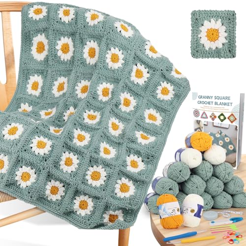 Coopay Anfänger Häkelset für Gänseblümchen Decken, 60 x 80cm Granny Square Decken Häckel Box Anfänger mit Wolle, Häkelnadel, Komplett DIY Häkel Set mit Schritt-für-Schritt Häkelanleitung, Häkelzubehör von Coopay