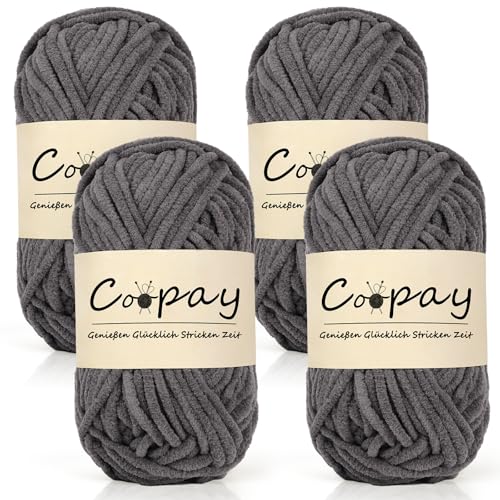 Coopay Chenille Chunky Wolle zum Häkeln Dickes Garn, 4 x 50g Dicke Wolle zum Stricken, Super Flauschig Weiches Wolle für Babydecke, Grobes Chenille-Garn für Hüte, Schals, Socken, Taschen - Dunkelgrau von Coopay