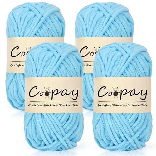 Coopay Chenille Chunky Wolle zum Häkeln Dickes Garn, 4 x 50g Dicke Wolle zum Stricken, Super Flauschig Weiches Wolle für Babydecke, Grobes Chenille-Garn für Hüte, Schals, Socken, Taschen - Himmelblau von Coopay