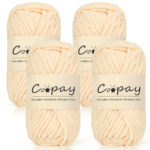 Coopay Chenille Chunky Wolle zum Häkeln Dickes Garn, 4 x 50g Dicke Wolle zum Stricken, Super Flauschig Weiches Wolle für Babydecke, Grobes Chenille-Garn für Hüte, Schals, Socken, Taschen - Milchshake von Coopay