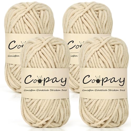 Coopay Chenille Chunky Wolle zum Häkeln Dickes Garn, 4 x 50g Dicke Wolle zum Stricken, Super Flauschig Weiches Wolle für Babydecke, Grobes Chenille-Garn für Hüte, Schals, Socken, Taschen - Beige von Coopay