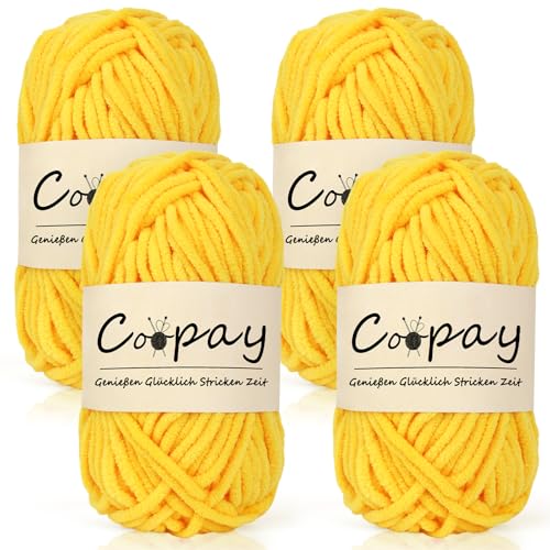 Coopay Chenille Chunky Wolle zum Häkeln Dickes Garn, 4 x 50g Dicke Wolle zum Stricken, Super Flauschig Weiches Wolle für Babydecke, Grobes Chenille-Garn für Hüte, Schals, Socken, Taschen - Goldgelb von Coopay