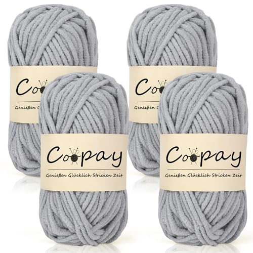 Coopay Chenille Chunky Wolle zum Häkeln Dickes Garn, 4 x 50g Dicke Wolle zum Stricken, Super Flauschig Weiches Wolle für Babydecke, Grobes Chenille-Garn für Hüte, Schals, Socken, Taschen - Hellgrau von Coopay