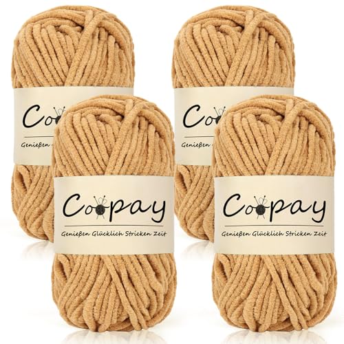 Coopay Chenille Chunky Wolle zum Häkeln Dickes Garn, 4 x 50g Dicke Wolle zum Stricken, Super Flauschig Weiches Wolle für Babydecke, Grobes Chenille-Garn für Hüte, Schals, Socken, Taschen - Khaki von Coopay