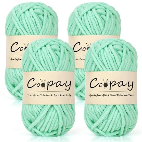 Coopay Chenille Chunky Wolle zum Häkeln Dickes Garn, 4 x 50g Dicke Wolle zum Stricken, Super Flauschig Weiches Wolle für Babydecke, Grobes Chenille-Garn für Hüte, Schals, Socken, Taschen - Mint von Coopay