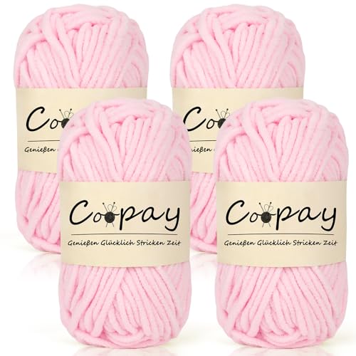 Coopay Chenille Chunky Wolle zum Häkeln Dickes Garn, 4 x 50g Dicke Wolle zum Stricken, Super Flauschig Weiches Wolle für Babydecke, Grobes Chenille-Garn für Hüte, Schals, Socken, Taschen - Sakura Rosa von Coopay