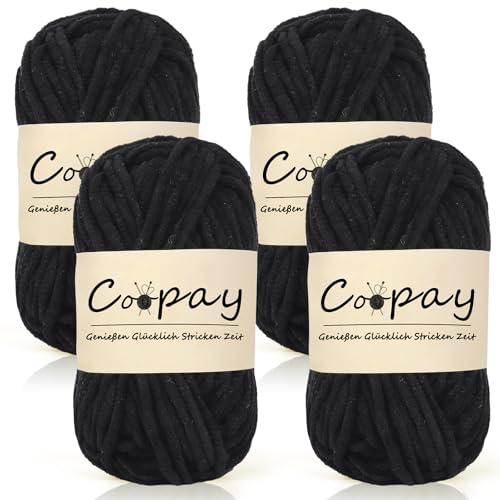 Coopay Chenille Chunky Wolle zum Häkeln Dickes Garn, 4 x 50g Dicke Wolle zum Stricken, Super Flauschig Weiches Wolle für Babydecke, Grobes Chenille-Garn für Hüte, Schals, Socken, Taschen - Schwarz von Coopay