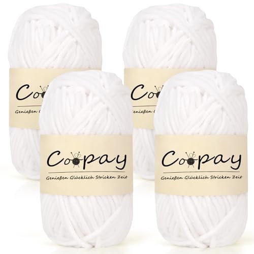 Coopay Chenille Chunky Wolle zum Häkeln Dickes Garn, 4 x 50g Dicke Wolle zum Stricken, Super Flauschig Weiches Wolle für Babydecke, Grobes Chenille-Garn für Hüte, Schals, Socken, Taschen - Weiß von Coopay