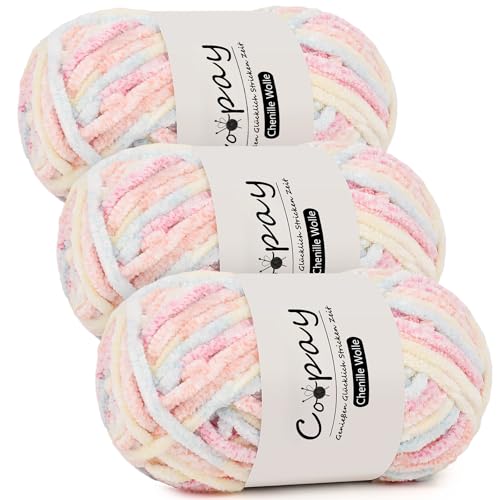 Coopay Chenille Wolle zum Häkeln, 3x100g Samtig Chenillegarn, Dicke Flauschige Weich Chenille Garn, Chenille Wolle, Weicher Plüschwolle Häkelgarn für Decken, Schals - Blütenbüschel von Coopay