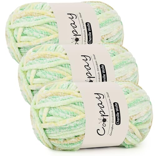 Coopay Chenille Wolle zum Häkeln, 3x100g Samtig Chenillegarn, Dicke Flauschige Weich Chenille Garn, Chenille Wolle, Weicher Plüschwolle Häkelgarn für Decken, Schals - Chalcedon-Fluoreszenz von Coopay