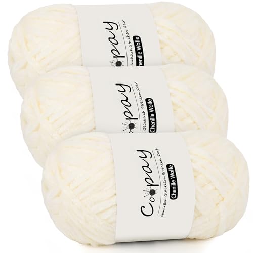 Coopay Chenille Wolle zum Häkeln, 3x100g Samtig Chenillegarn, Dicke Flauschige Weich Chenille Garn, Chenille Wolle, Weicher Plüschwolle Häkelgarn für Decken, Schals - Cremefarben von Coopay