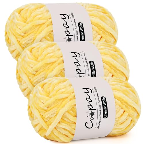 Coopay Chenille Wolle zum Häkeln, 3x100g Samtig Chenillegarn, Dicke Flauschige Weich Chenille Garn, Chenille Wolle, Weicher Plüschwolle Häkelgarn für Decken, Schals - Gelb von Coopay