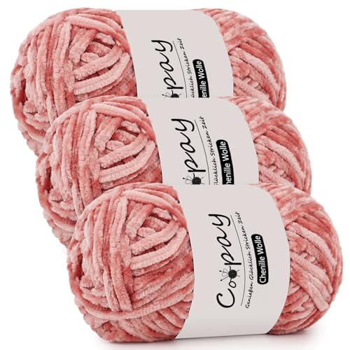 Coopay Chenille Wolle zum Häkeln, 3x100g Samtig Chenillegarn, Dicke Flauschige Weich Chenille Garn, Chenille Wolle, Weicher Plüschwolle Häkelgarn für Decken, Schals - Hautpuder von Coopay