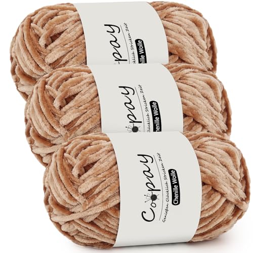 Coopay Chenille Wolle zum Häkeln, 3x100g Samtig Chenillegarn, Dicke Flauschige Weich Chenille Garn, Chenille Wolle, Weicher Plüschwolle Häkelgarn für Decken, Schals - Helles Khaki von Coopay