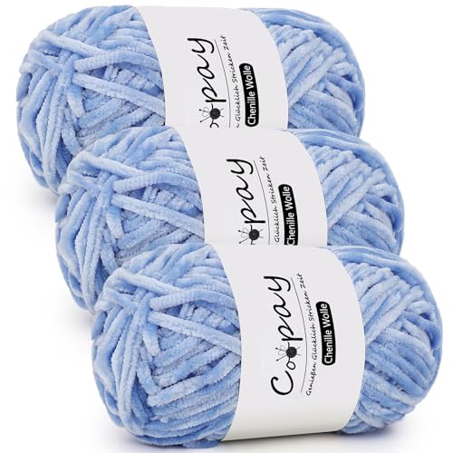 Coopay Chenille Wolle zum Häkeln, 3x100g Samtig Chenillegarn, Dicke Flauschige Weich Chenille Garn, Chenille Wolle, Weicher Plüschwolle Häkelgarn für Decken, Schals - Himmelblau von Coopay