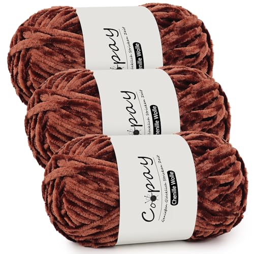 Coopay Chenille Wolle zum Häkeln, 3x100g Samtig Chenillegarn, Dicke Flauschige Weich Chenille Garn, Chenille Wolle, Weicher Plüschwolle Häkelgarn für Decken, Schals - Kaffee von Coopay