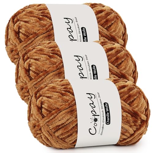 Coopay Chenille Wolle zum Häkeln, 3x100g Samtig Chenillegarn, Dicke Flauschige Weich Chenille Garn, Chenille Wolle, Weicher Plüschwolle Häkelgarn für Decken, Schals - Khaki von Coopay