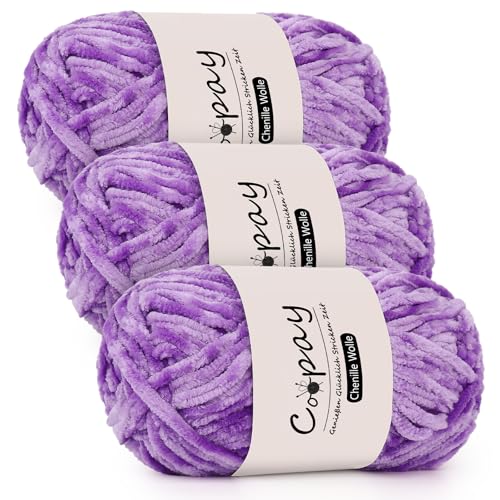 Coopay Chenille Wolle zum Häkeln, 3x100g Samtig Chenillegarn, Dicke Flauschige Weich Chenille Garn, Chenille Wolle, Weicher Plüschwolle Häkelgarn für Decken, Schals - Lila von Coopay