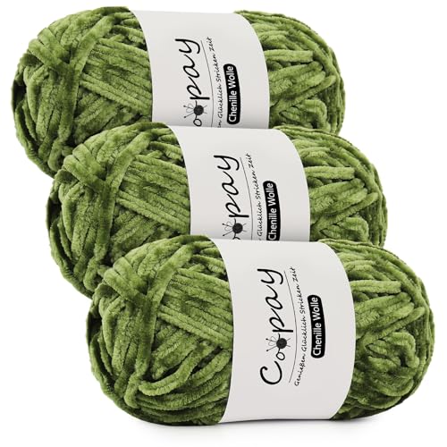 Coopay Chenille Wolle zum Häkeln, 3x100g Samtig Chenillegarn, Dicke Flauschige Weich Chenille Garn, Chenille Wolle, Weicher Plüschwolle Häkelgarn für Decken, Schals - Olivgrün von Coopay